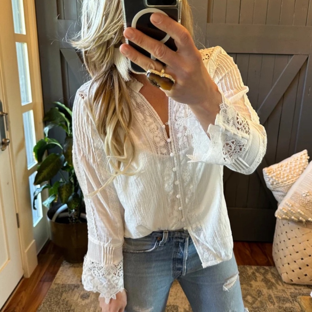 New White Lace Inset 3/4 Sleeve Button Front Blouse Top Women's Top Boho - Picture 3 of 11